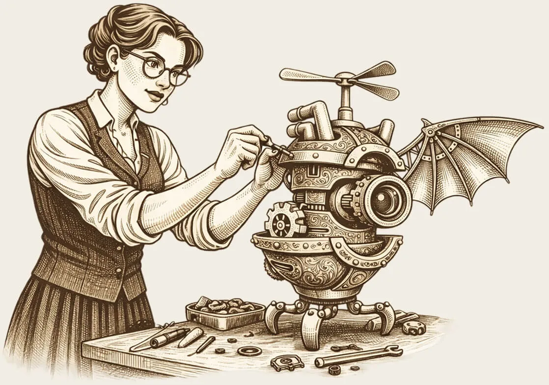 Clara fine-tunes a winged mechanical assistant.