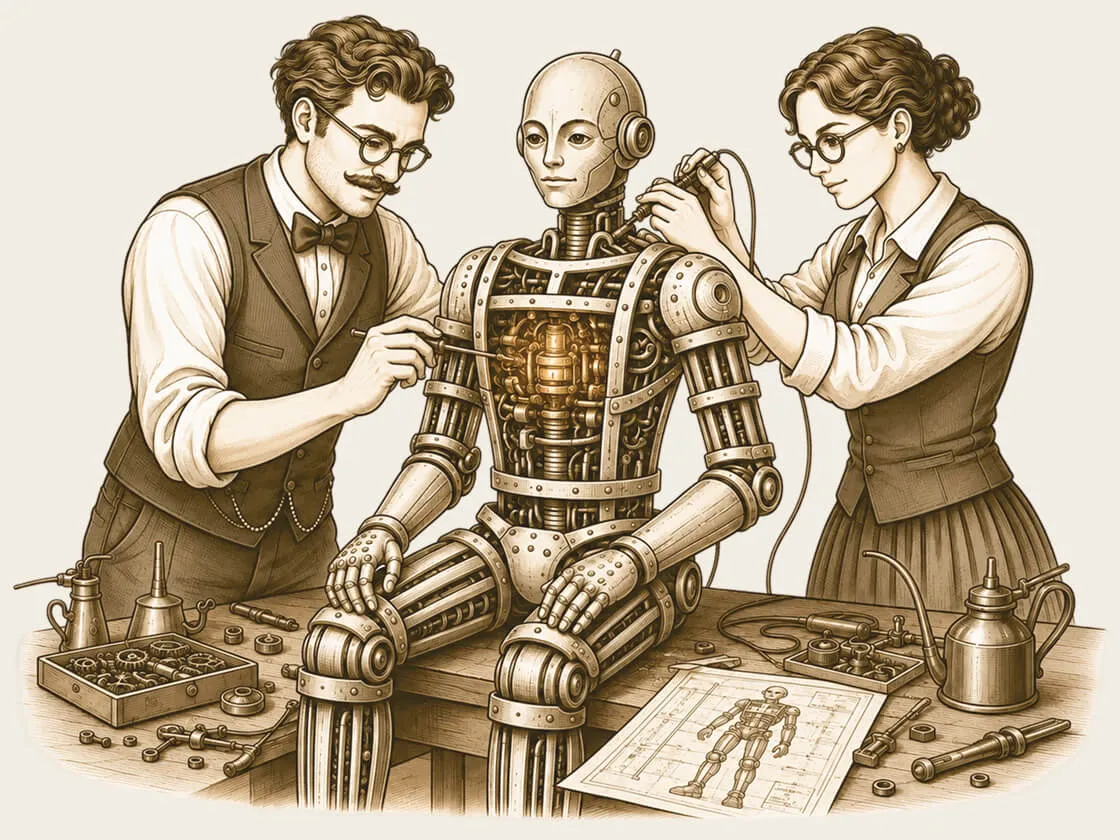 Arthur and Clara repair a mechanical assistant in their workshop.