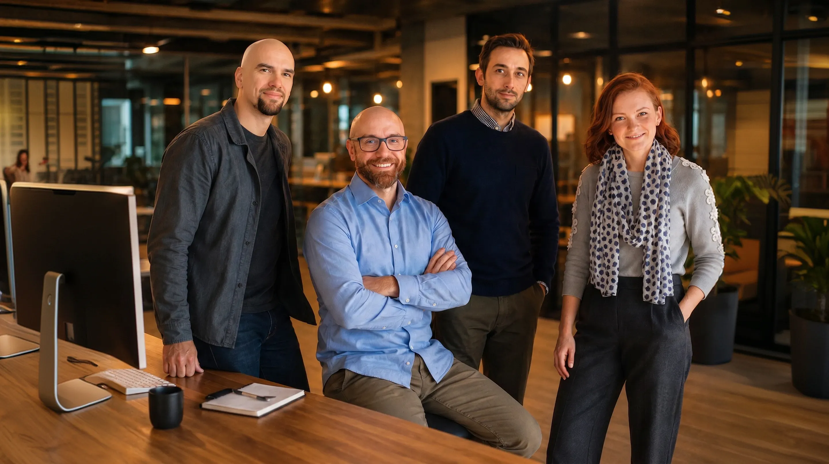 Three Stiff Upper Lip teammates collaborating at a desk in the office
