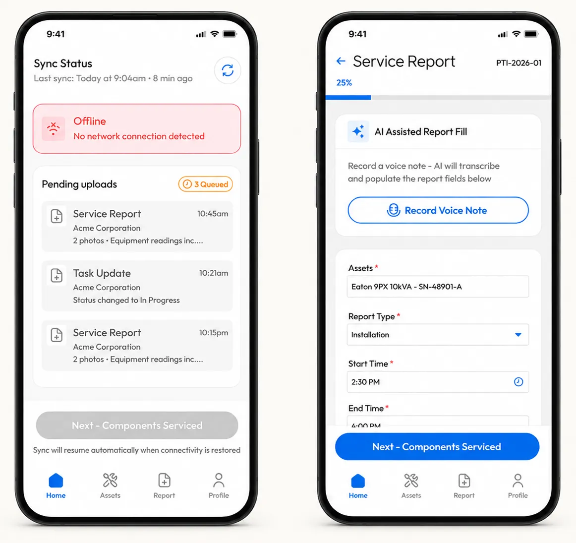 PTI mobile app screens showing offline sync status and an in-progress service report