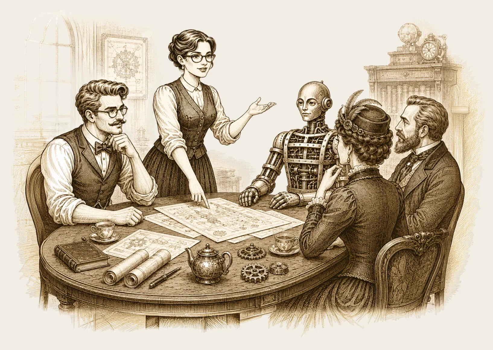 Technology leaders planning with an automaton around a table