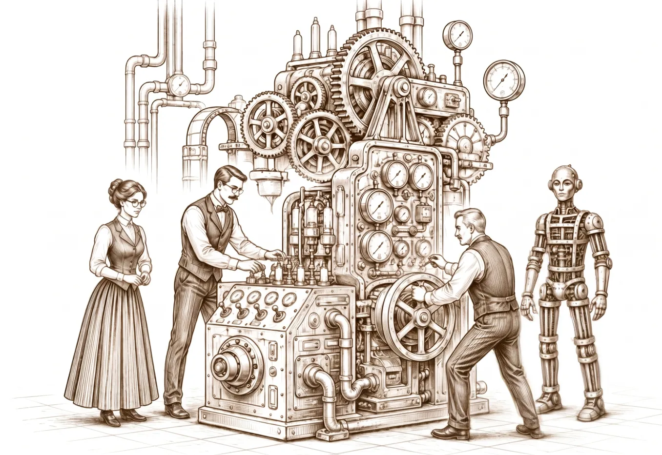 A team operating a large mechanical workshop machine alongside a humanoid robot